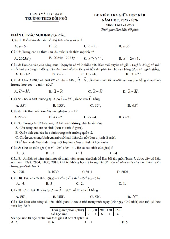 đề giữa học kì 2 toán 7 năm 2025 – 2026 trường thcs đồi ngô – bắc ninh