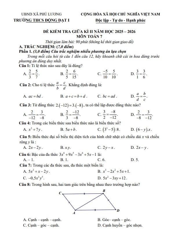 đề giữa học kì 2 toán 7 năm 2025 – 2026 trường thcs động đạt 1 – thái nguyên