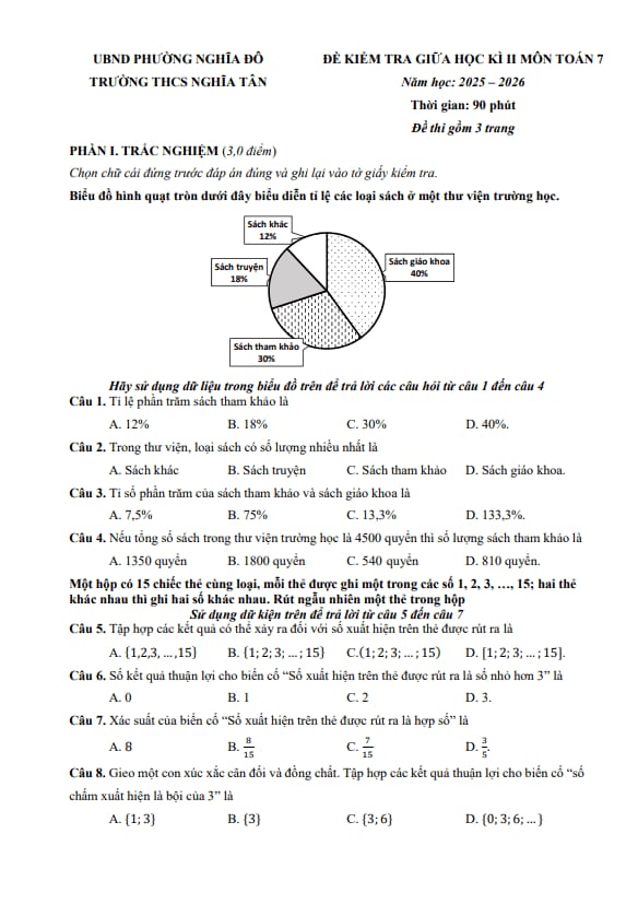 đề giữa học kì 2 toán 7 năm 2025 – 2026 trường thcs nghĩa tân – hà nội