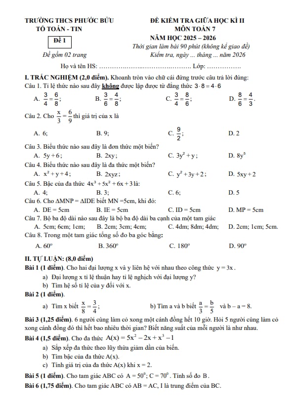 đề giữa học kì 2 toán 7 năm 2025 – 2026 trường thcs phước bửu – tp hcm
