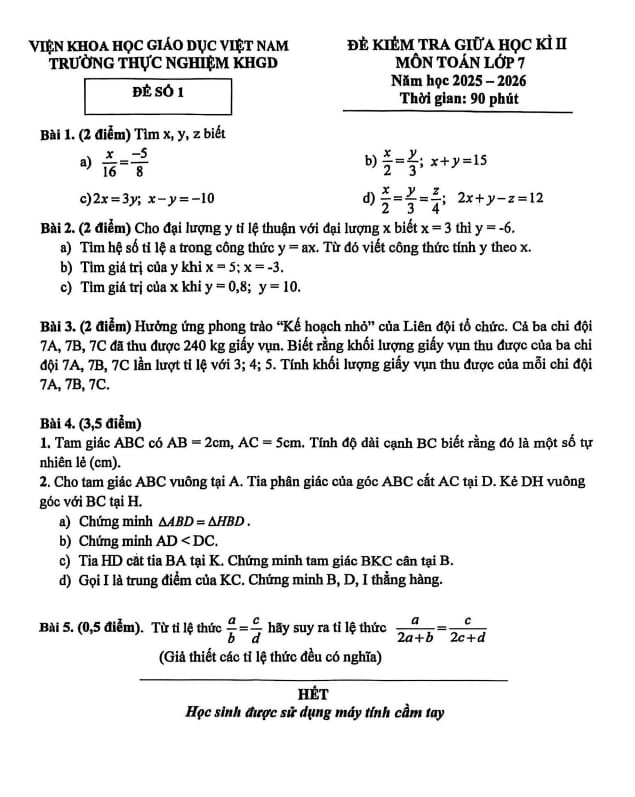 đề giữa học kì 2 toán 7 năm 2025 – 2026 trường thực nghiệm khgd – hà nội