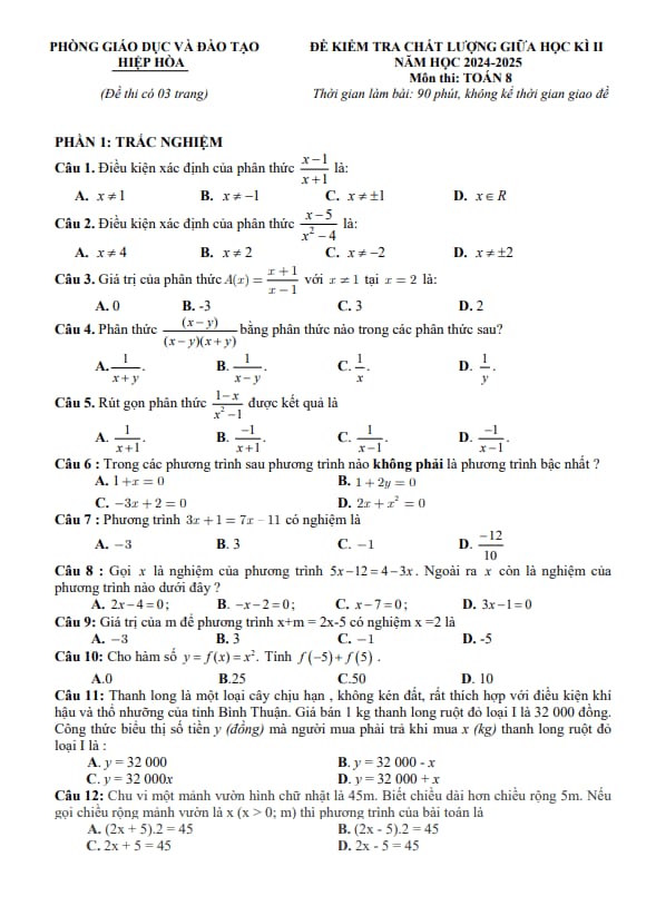 đề giữa học kì 2 toán 8 năm 2024 – 2025 phòng gd&đt hiệp hòa – bắc giang