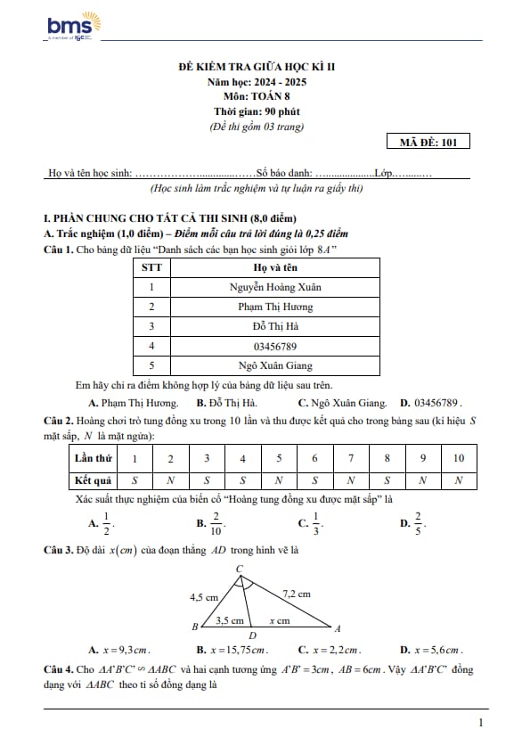 đề giữa học kì 2 toán 8 năm 2024 – 2025 trường ban mai school – hà nội