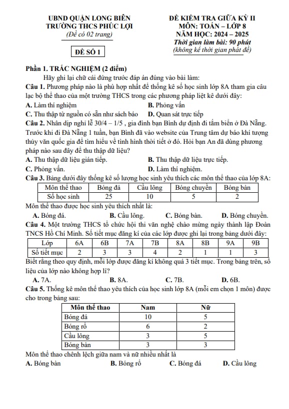 đề giữa học kì 2 toán 8 năm 2024 – 2025 trường thcs phúc lợi – hà nội