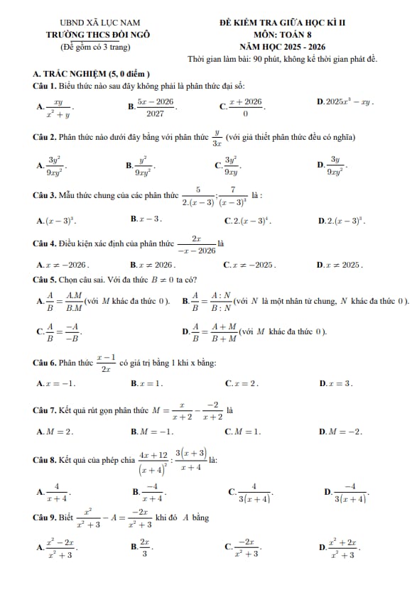 đề giữa học kì 2 toán 8 năm 2025 – 2026 trường thcs đồi ngô – bắc ninh