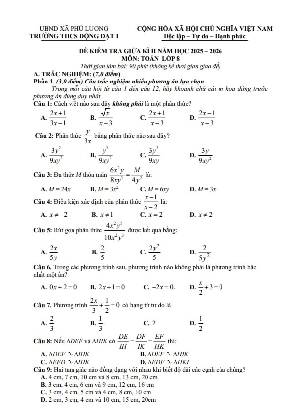 đề giữa học kì 2 toán 8 năm 2025 – 2026 trường thcs động đạt 1 – thái nguyên