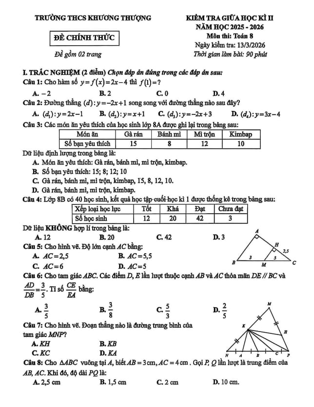 đề giữa học kì 2 toán 8 năm 2025 – 2026 trường thcs khương thượng – hà nội