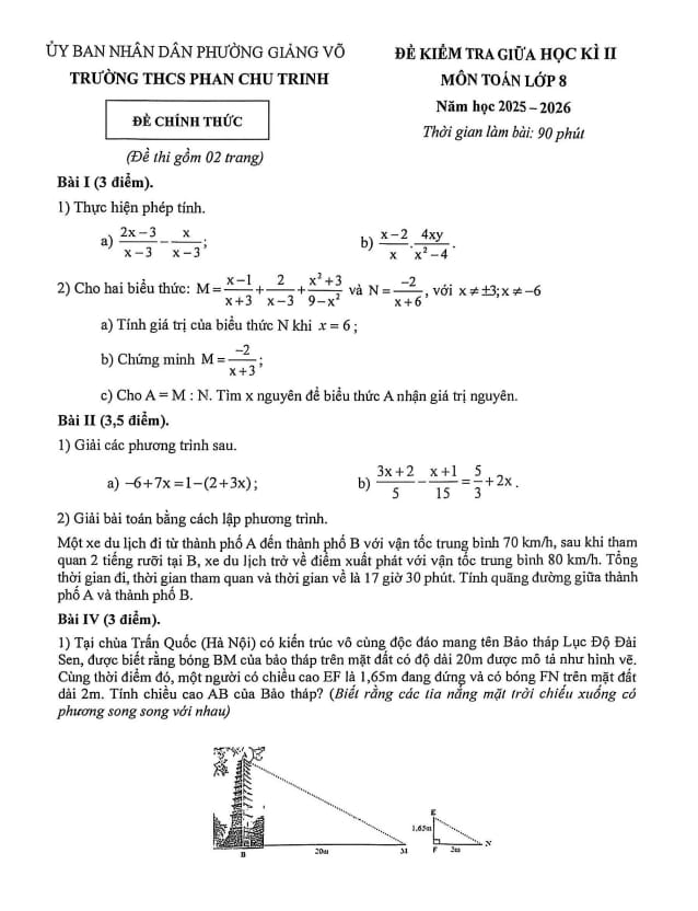 đề giữa học kì 2 toán 8 năm 2025 – 2026 trường thcs phan chu trinh – hà nội