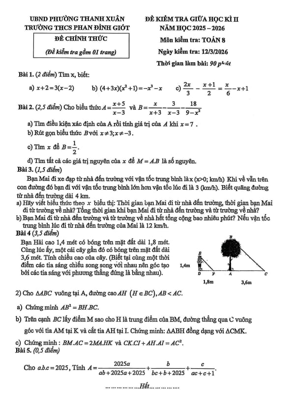đề giữa học kì 2 toán 8 năm 2025 – 2026 trường thcs phan đình giót – hà nội