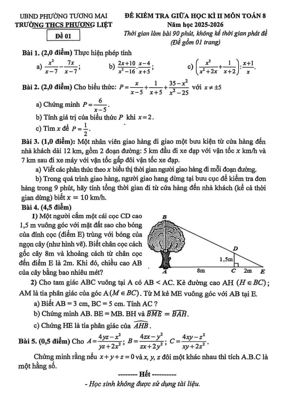 đề giữa học kì 2 toán 8 năm 2025 – 2026 trường thcs phương liệt – hà nội
