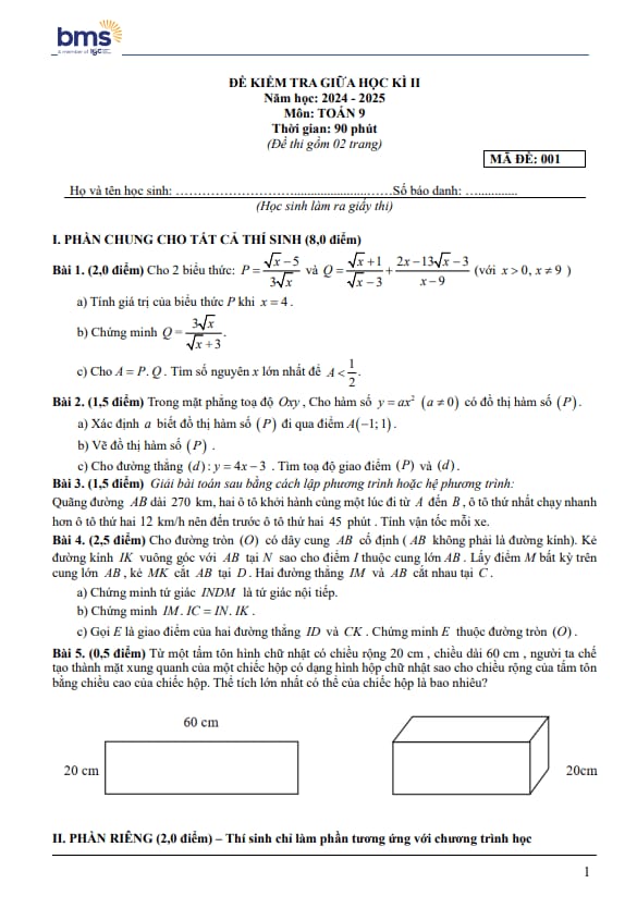 đề giữa học kì 2 toán 9 năm 2024 – 2025 trường ban mai school – hà nội