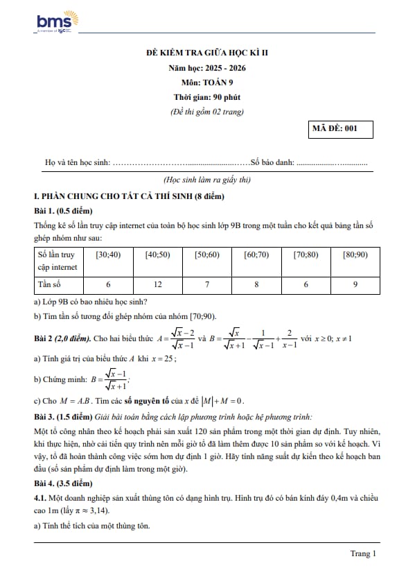 đề giữa học kì 2 toán 9 năm 2025 – 2026 trường ban mai school – hà nội