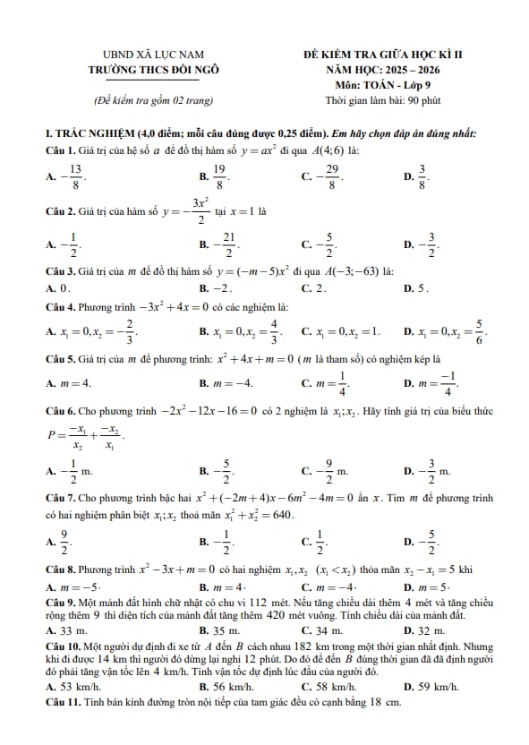 đề giữa học kì 2 toán 9 năm 2025 – 2026 trường thcs đồi ngô – bắc ninh