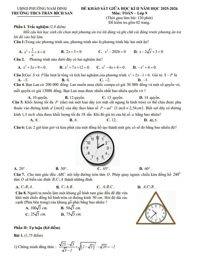 đề giữa học kì 2 toán 9 năm 2025 – 2026 trường thcs trần bích san – ninh bình