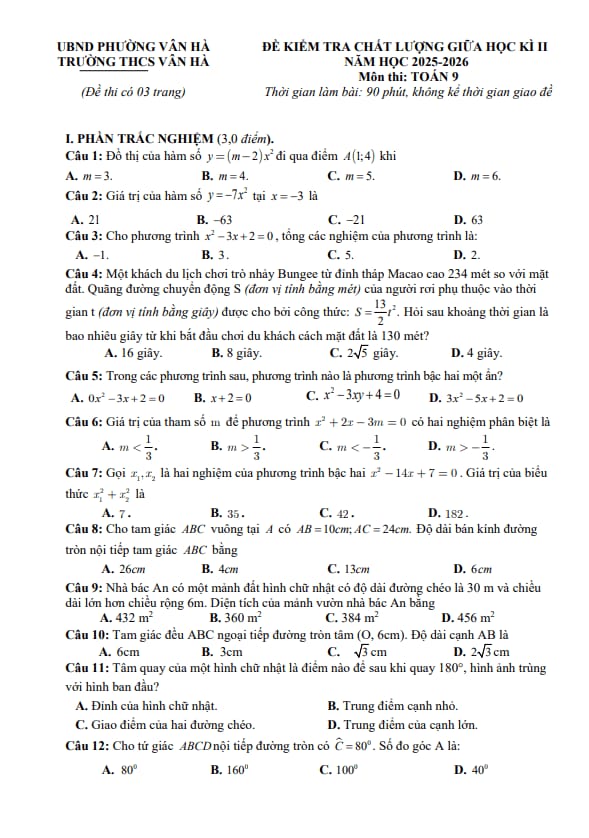 đề giữa học kì 2 toán 9 năm 2025 – 2026 trường thcs vân hà – bắc ninh