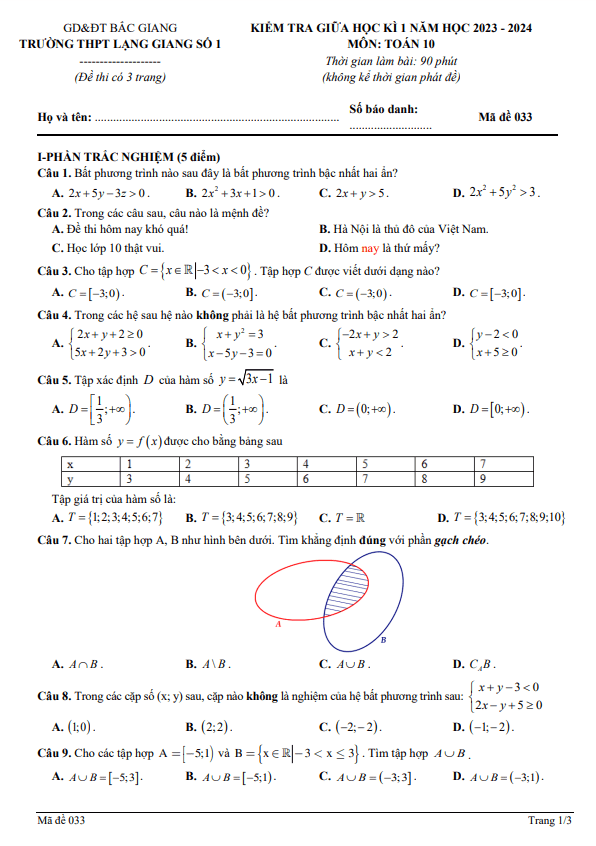 đề giữa học kỳ 1 toán 10 năm 2023 – 2024 trường thpt lạng giang 1 – bắc giang