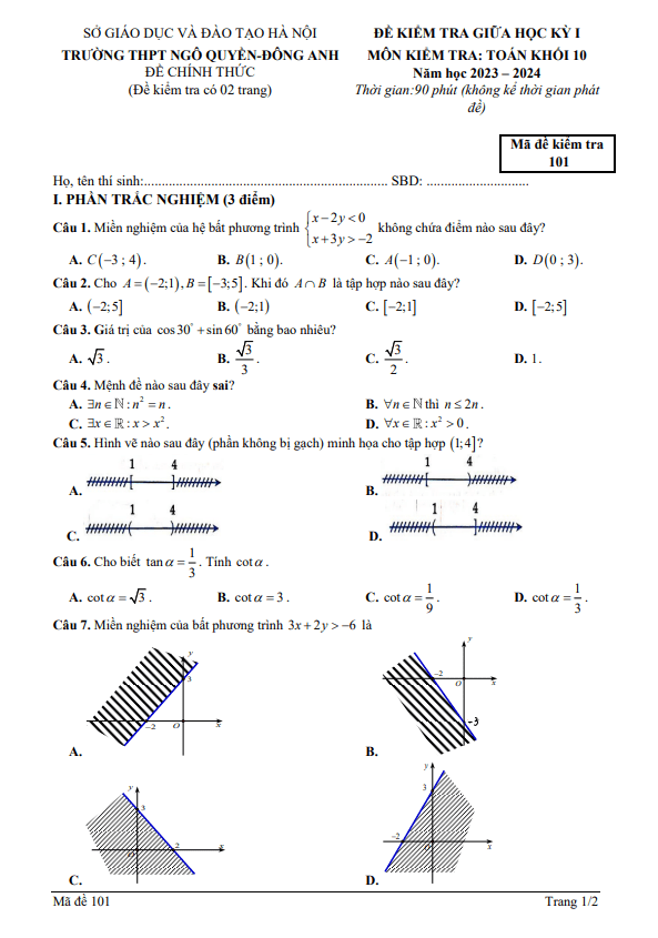 đề giữa học kỳ 1 toán 10 năm 2023 – 2024 trường thpt ngô quyền – hà nội