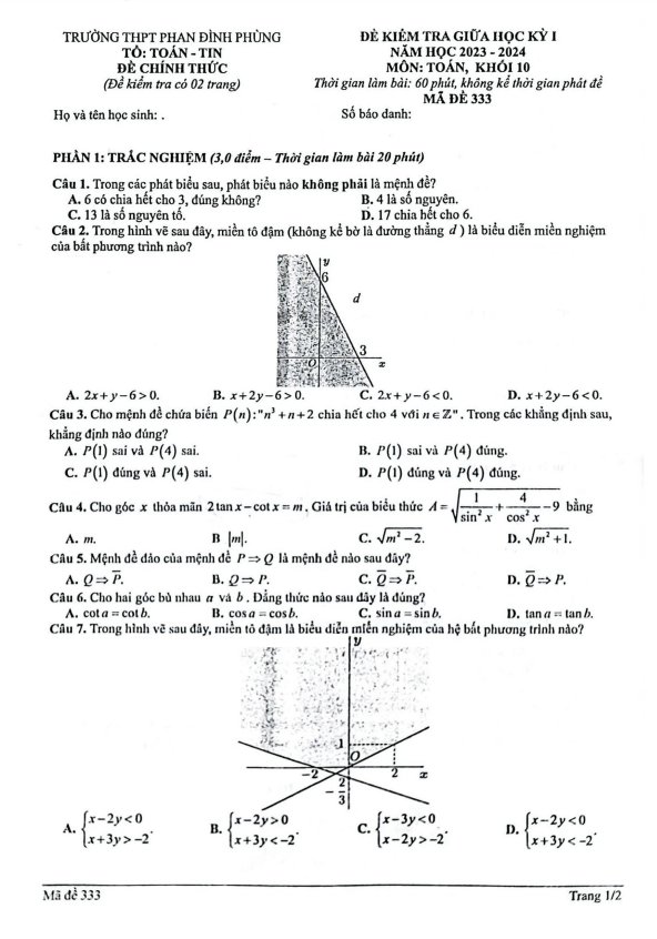 đề giữa học kỳ 1 toán 10 năm 2023 – 2024 trường thpt phan đình phùng – hà nội