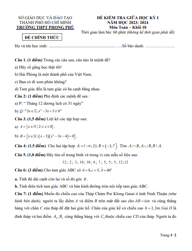 đề giữa học kỳ 1 toán 10 năm 2023 – 2024 trường thpt phong phú – tp hcm
