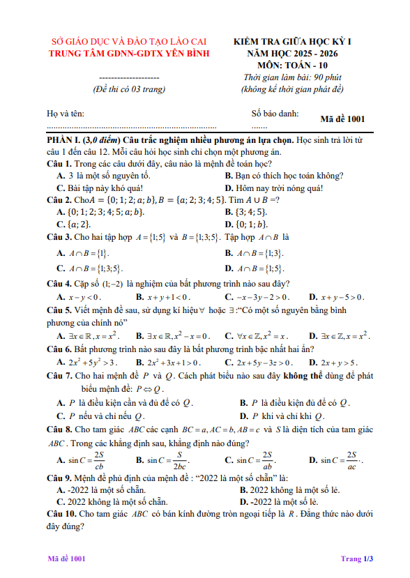 đề giữa học kỳ 1 toán 10 năm 2025 – 2026 trung tâm gdtx yên bình – lào cai