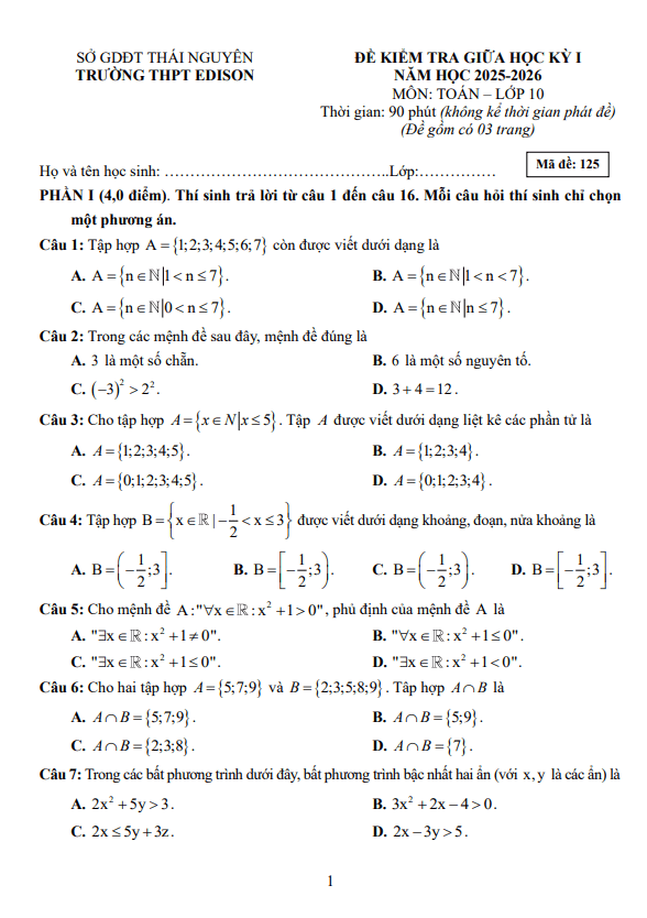 đề giữa học kỳ 1 toán 10 năm 2025 – 2026 trường thpt edison – thái nguyên