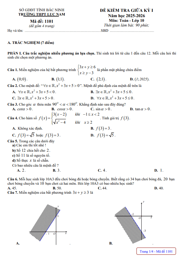 đề giữa học kỳ 1 toán 10 năm 2025 – 2026 trường thpt lục nam – bắc ninh