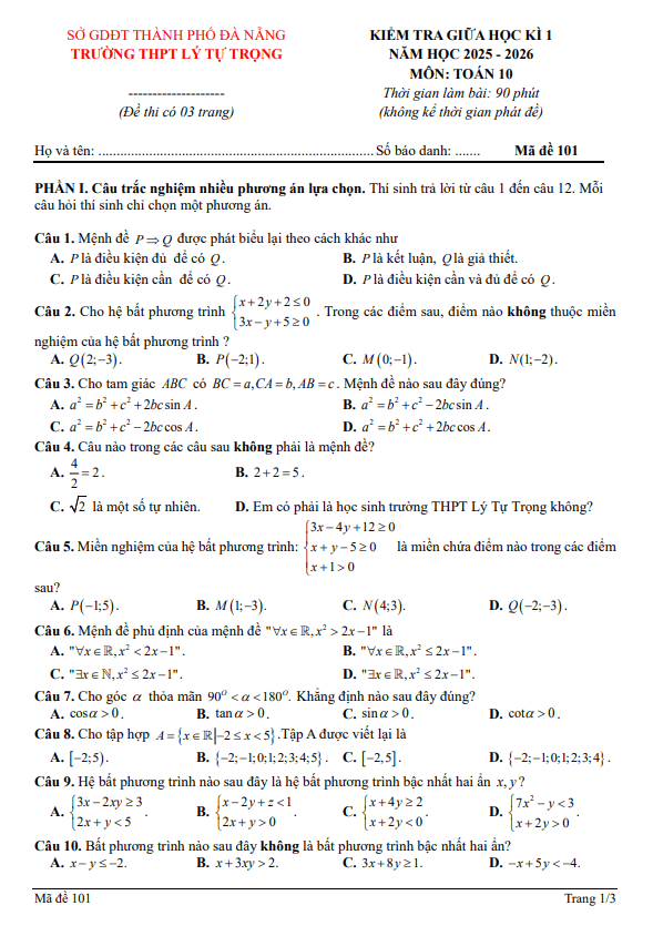 đề giữa học kỳ 1 toán 10 năm 2025 – 2026 trường thpt lý tự trọng – đà nẵng