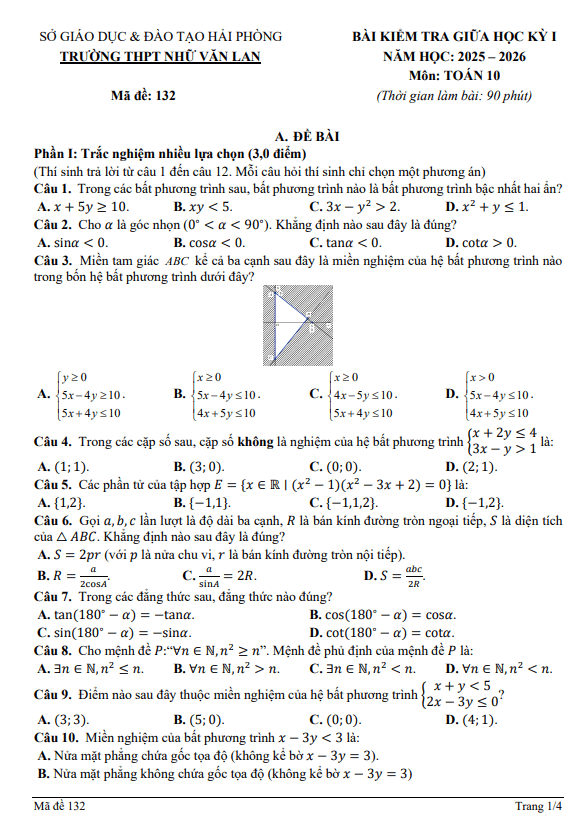 đề giữa học kỳ 1 toán 10 năm 2025 – 2026 trường thpt nhữ văn lan – hải phòng