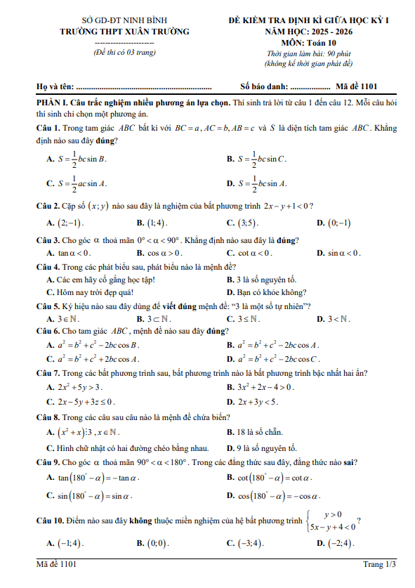 đề giữa học kỳ 1 toán 10 năm 2025 – 2026 trường thpt xuân trường – ninh bình