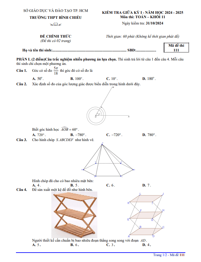 đề giữa học kỳ 1 toán 11 năm 2024 – 2025 trường thpt bình chiểu – tp hcm