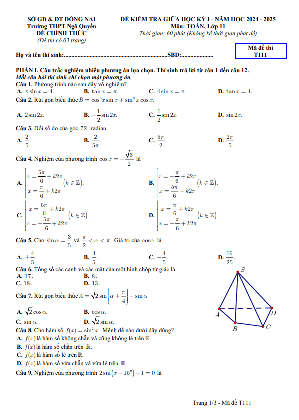 đề giữa học kỳ 1 toán 11 năm 2024 – 2025 trường thpt ngô quyền – đồng nai