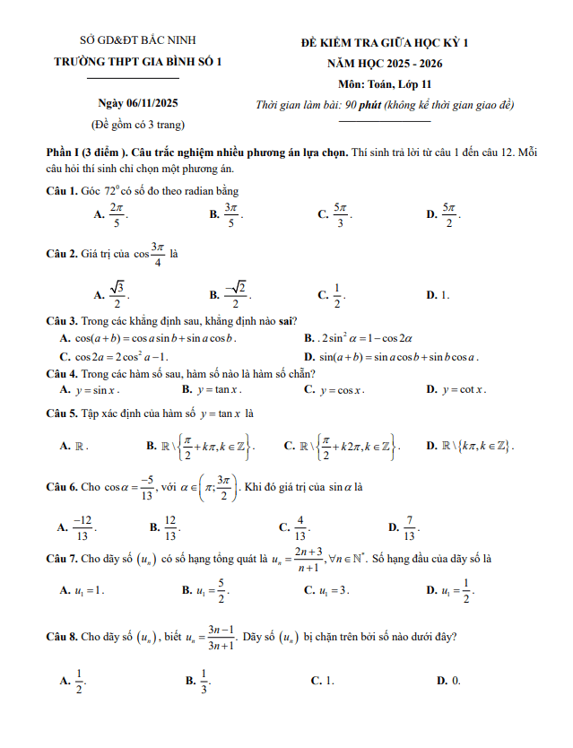 đề giữa học kỳ 1 toán 11 năm 2025 – 2026 trường thpt gia bình 1 – bắc ninh