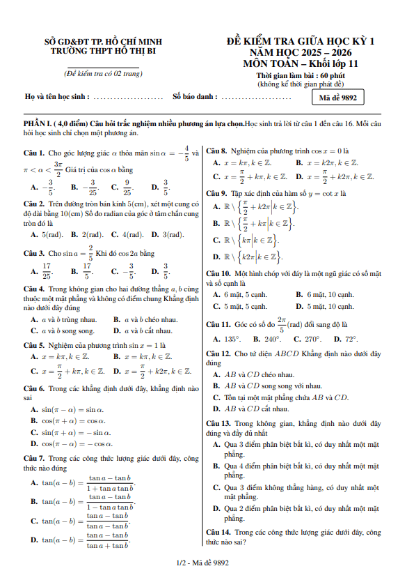 đề giữa học kỳ 1 toán 11 năm 2025 – 2026 trường thpt hồ thị bi – tp hcm