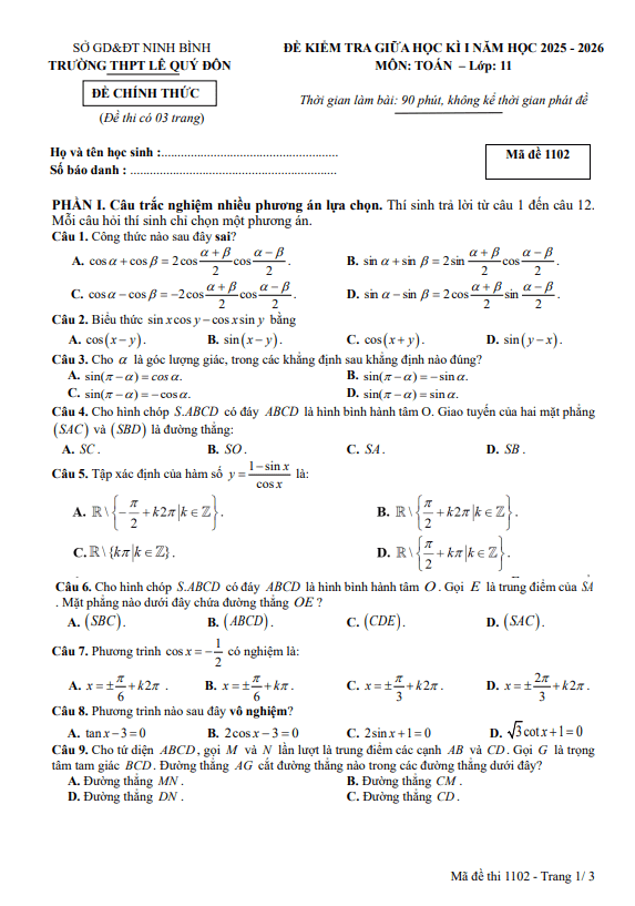 đề giữa học kỳ 1 toán 11 năm 2025 – 2026 trường thpt lê quý đôn – ninh bình