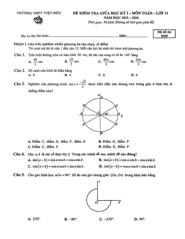 đề giữa học kỳ 1 toán 11 năm 2025 – 2026 trường thpt việt đức – hà nội