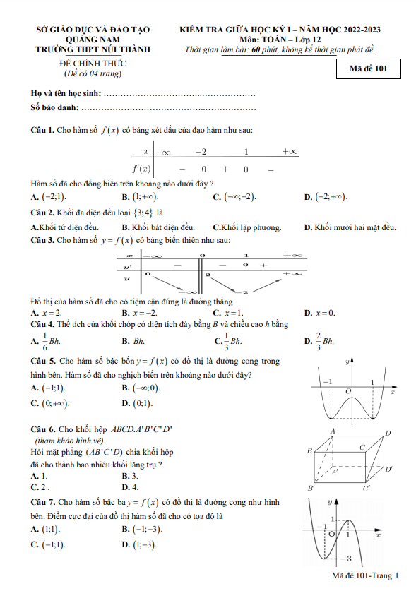 đề giữa học kỳ 1 toán 12 năm 2022 – 2023 trường thpt núi thành – quảng nam