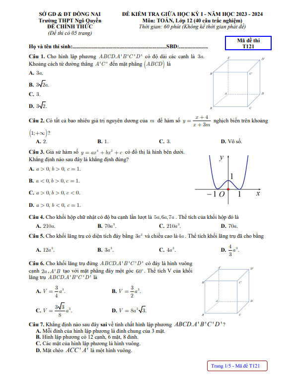 đề giữa học kỳ 1 toán 12 năm 2023 – 2024 trường thpt ngô quyền – đồng nai