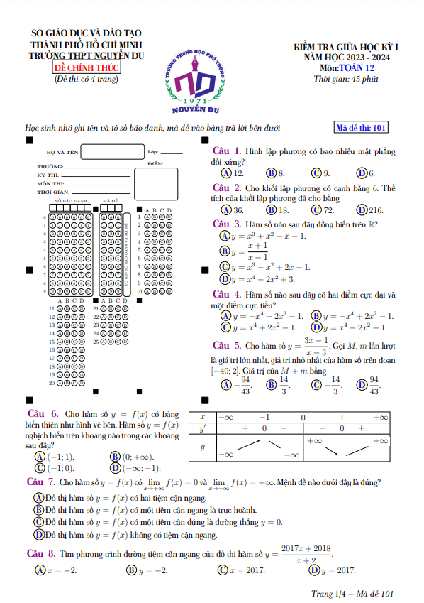 đề giữa học kỳ 1 toán 12 năm 2023 – 2024 trường thpt nguyễn du – tp hcm