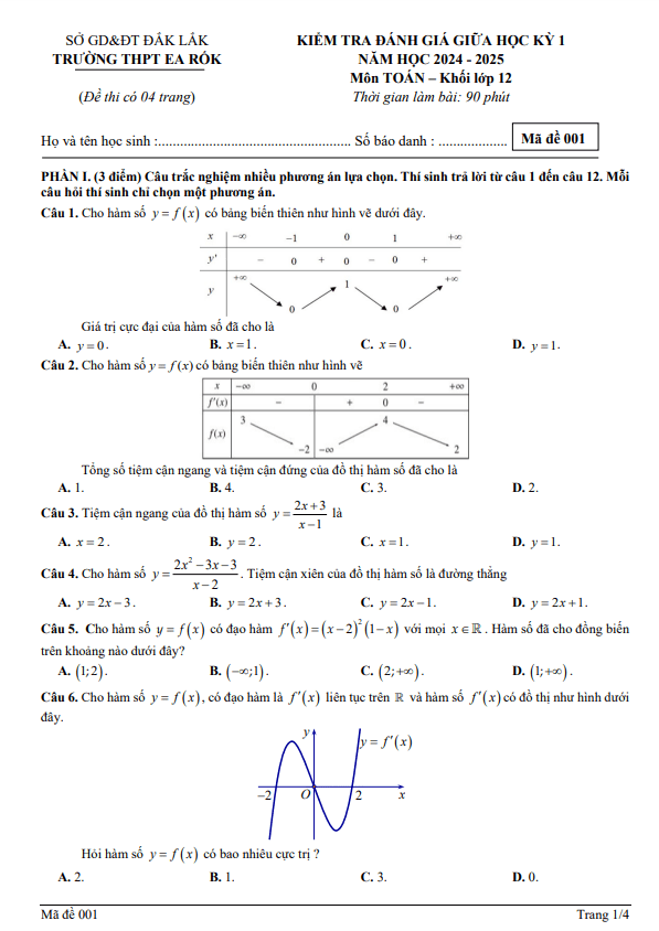 đề giữa học kỳ 1 toán 12 năm 2024 – 2025 trường thpt ea rốk – đắk lắk