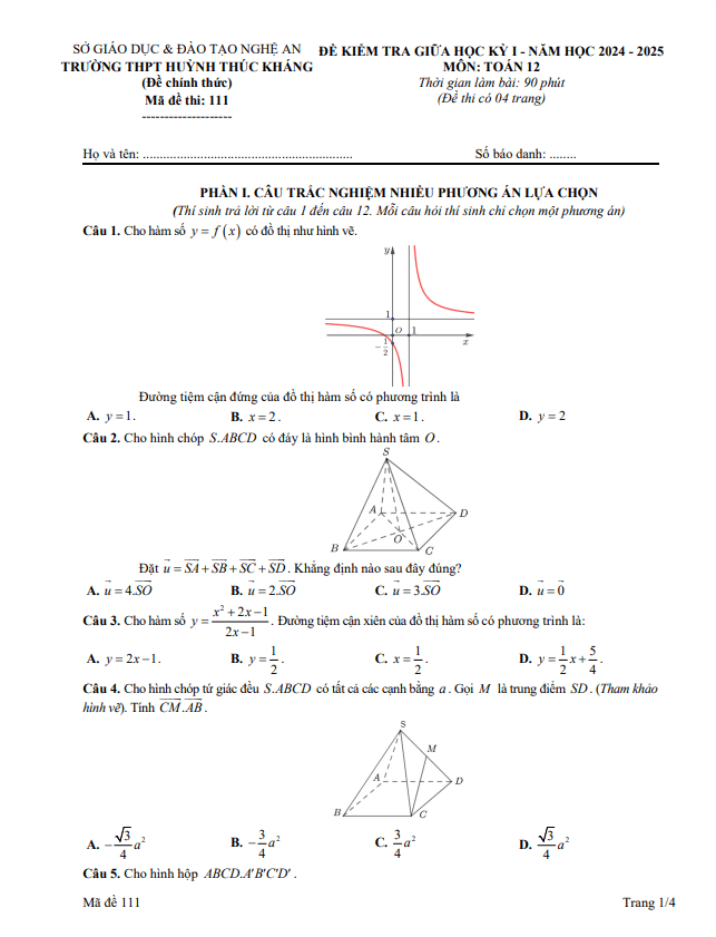 đề giữa học kỳ 1 toán 12 năm 2024 – 2025 trường thpt huỳnh thúc kháng – nghệ an