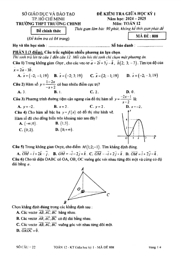đề giữa học kỳ 1 toán 12 năm 2024 – 2025 trường thpt trường chinh – tp hcm