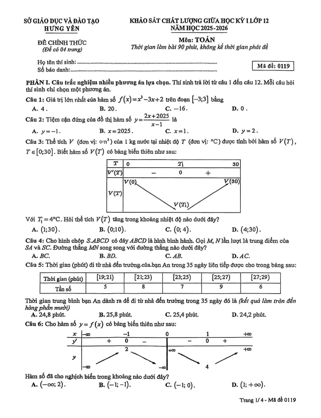 đề giữa học kỳ 1 toán 12 năm 2025 – 2026 sở gd&đt hưng yên