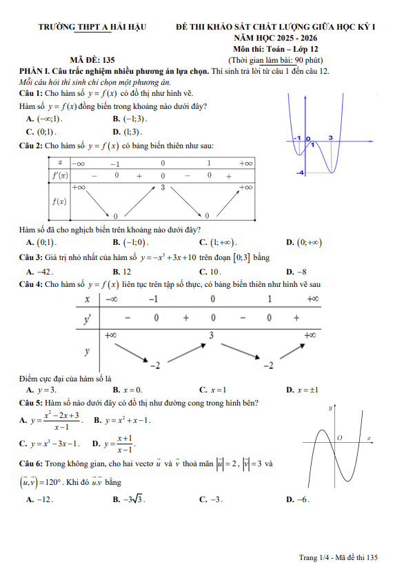 đề giữa học kỳ 1 toán 12 năm 2025 – 2026 trường thpt a hải hậu – ninh bình