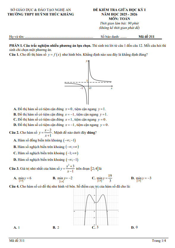 đề giữa học kỳ 1 toán 12 năm 2025 – 2026 trường thpt huỳnh thúc kháng – nghệ an