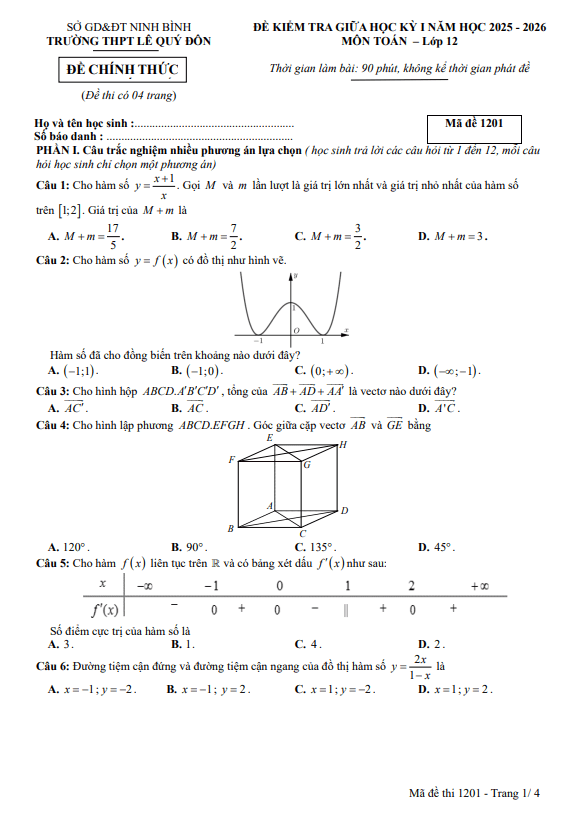 đề giữa học kỳ 1 toán 12 năm 2025 – 2026 trường thpt lê quý đôn – ninh bình