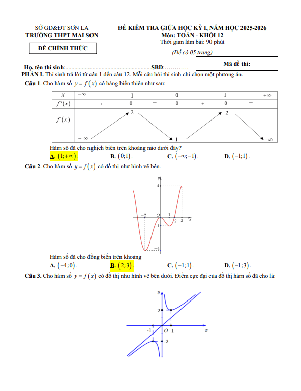 đề giữa học kỳ 1 toán 12 năm 2025 – 2026 trường thpt mai sơn – sơn la