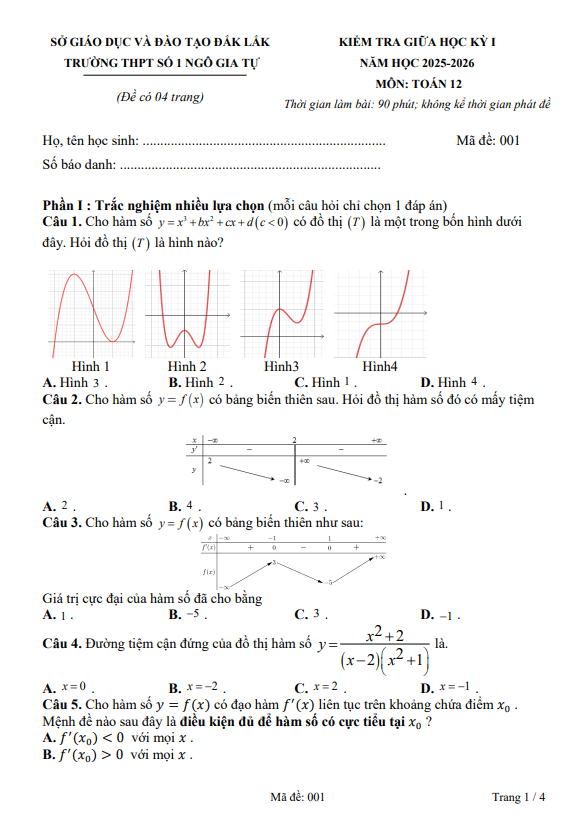 đề giữa học kỳ 1 toán 12 năm 2025 – 2026 trường thpt ngô gia tự 1 – đắk lắk