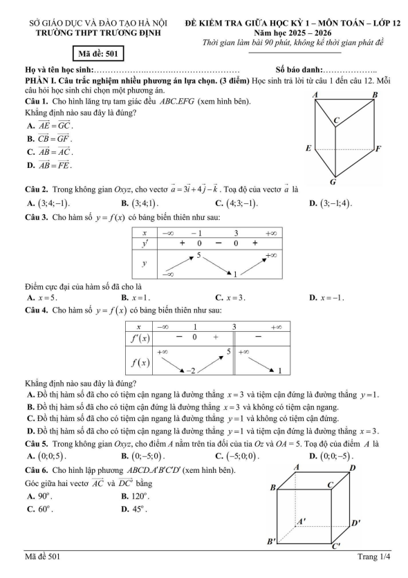 đề giữa học kỳ 1 toán 12 năm 2025 – 2026 trường thpt trương định – hà nội