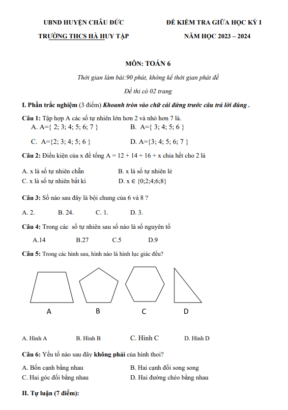 đề giữa học kỳ 1 toán 6 năm 2023 – 2024 trường thcs hà huy tập – br vt