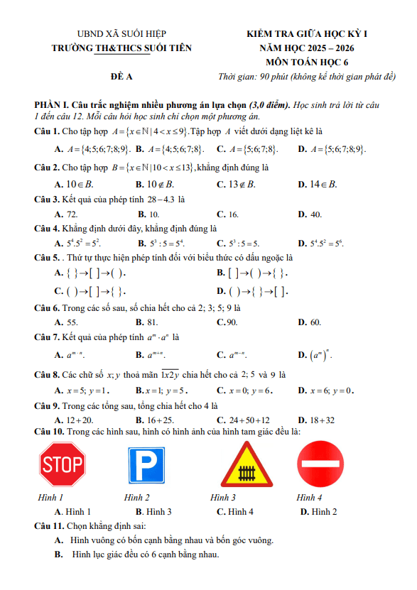 đề giữa học kỳ 1 toán 6 năm 2025 – 2026 trường th&thcs suối tiên – khánh hòa